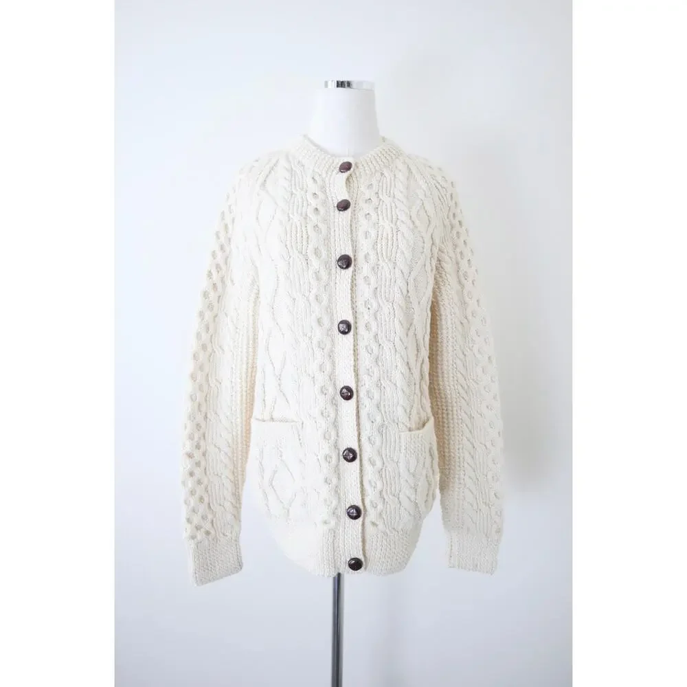 Vintage Handknit Cable Hand Knit Cardigan Sweater Carrick On Suir Ireland - Picture 2 of 14